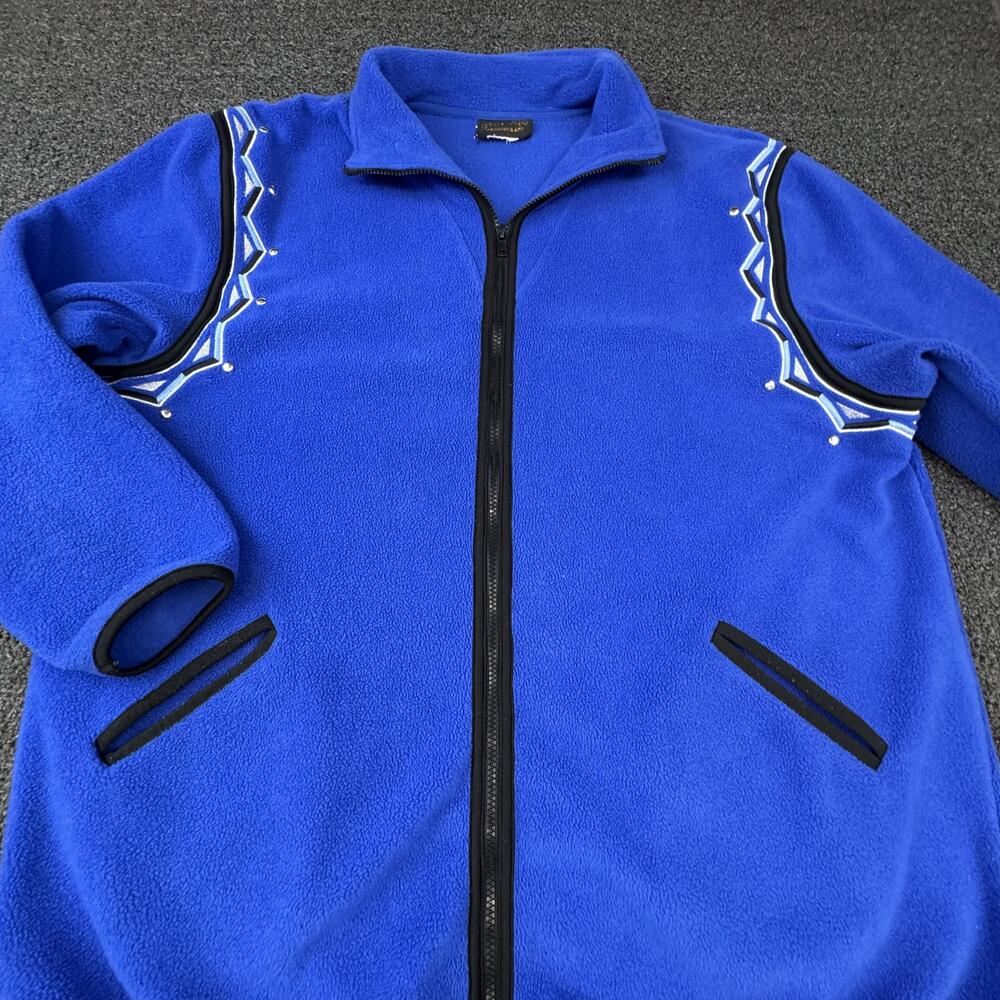 Bob Mackie Wearable Art Jacket Womens L Blue Fleece Embroidered Studded Zip